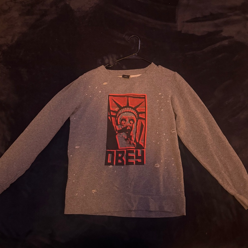 Obey Gray Sweater with Red Graphic